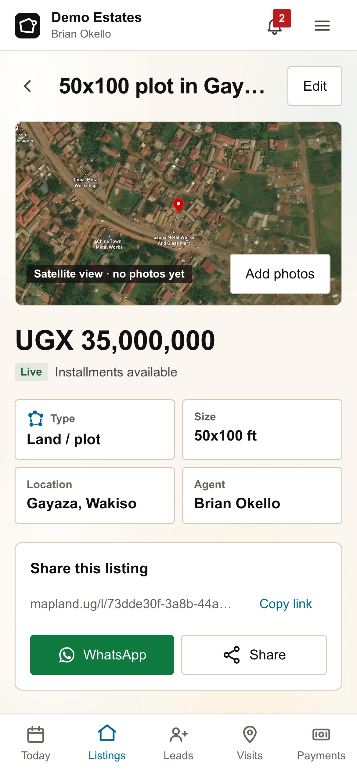 The agent's listing for the 50×100 plot in Gayaza, UGX 35,000,000, with a WhatsApp share card