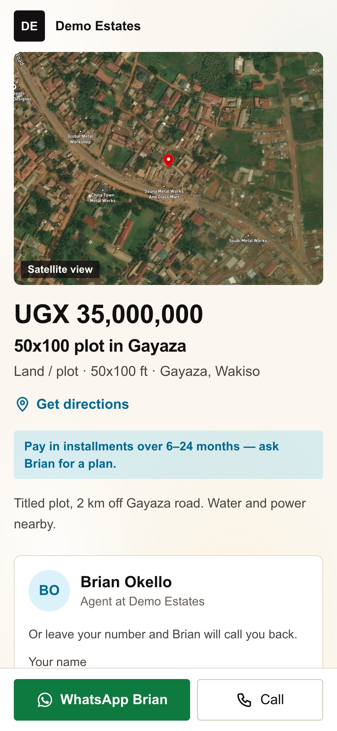 The buyer's share page for the same plot, with WhatsApp Brian and Call buttons