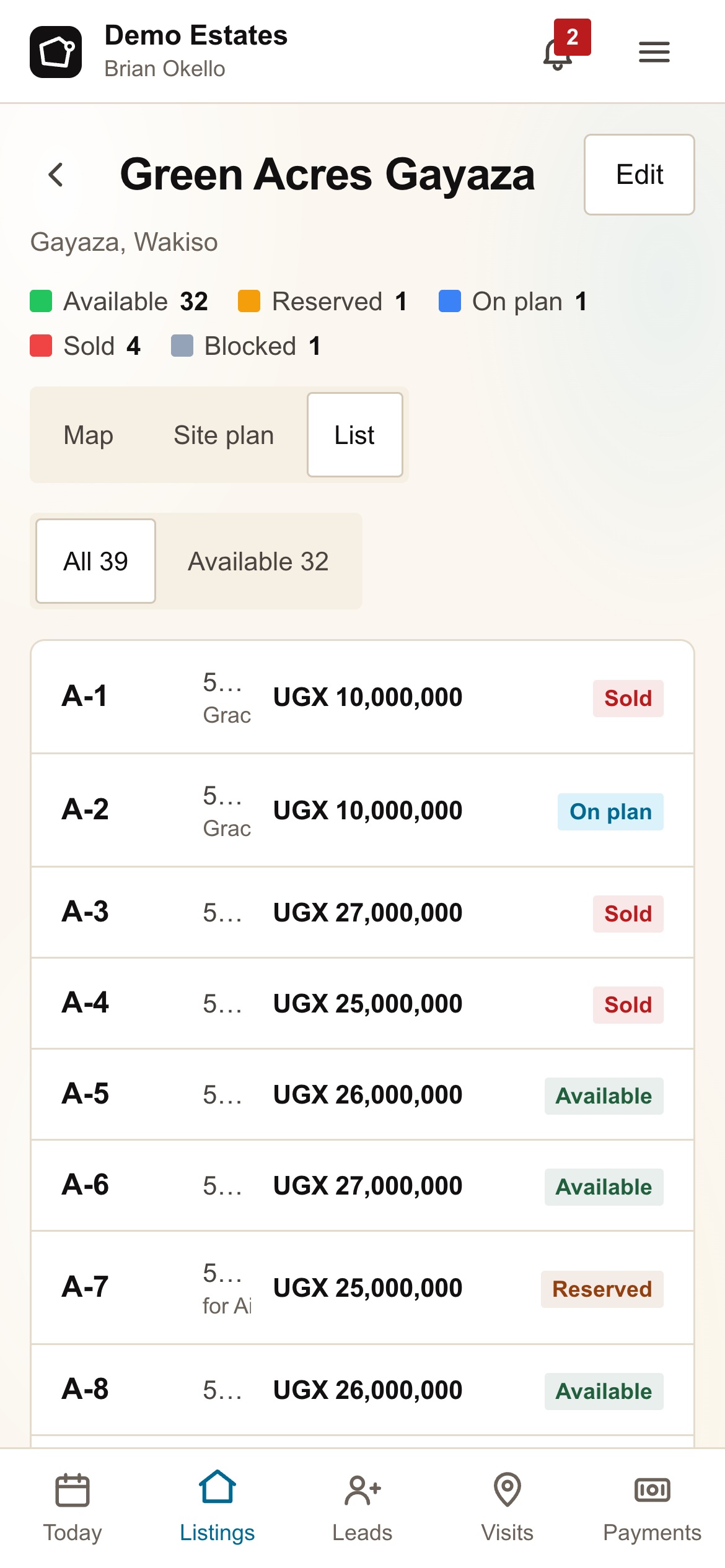 The same estate as a list of plots with prices, each marked Sold, On plan, Available or Reserved
