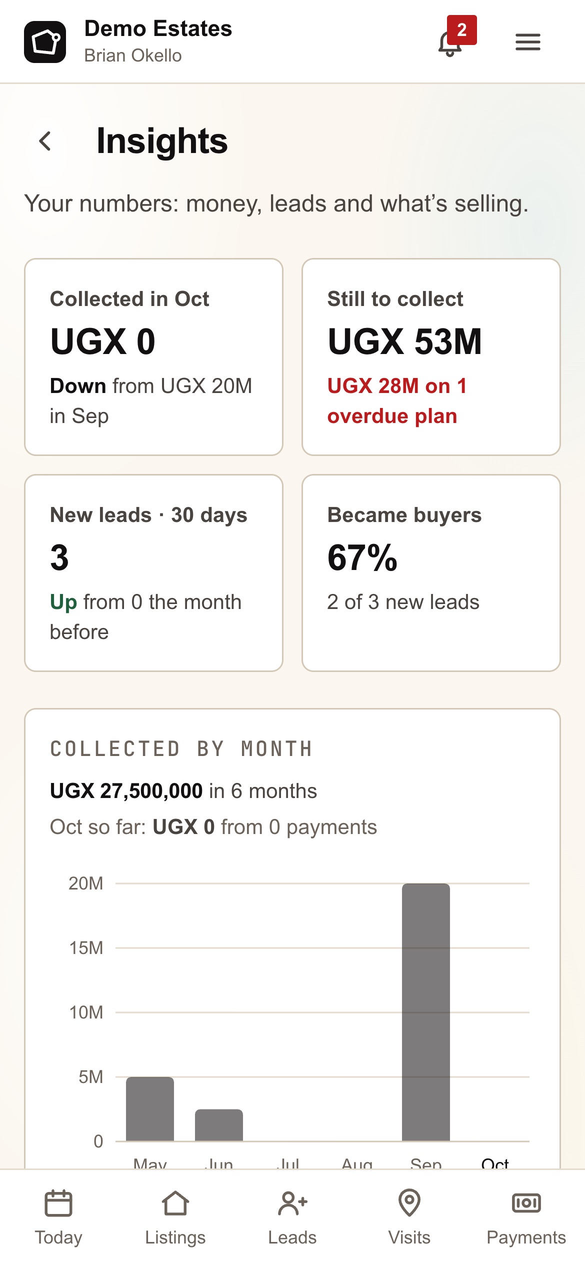 Insights: collected this month, still to collect, new leads, 67% became buyers, and collections by month