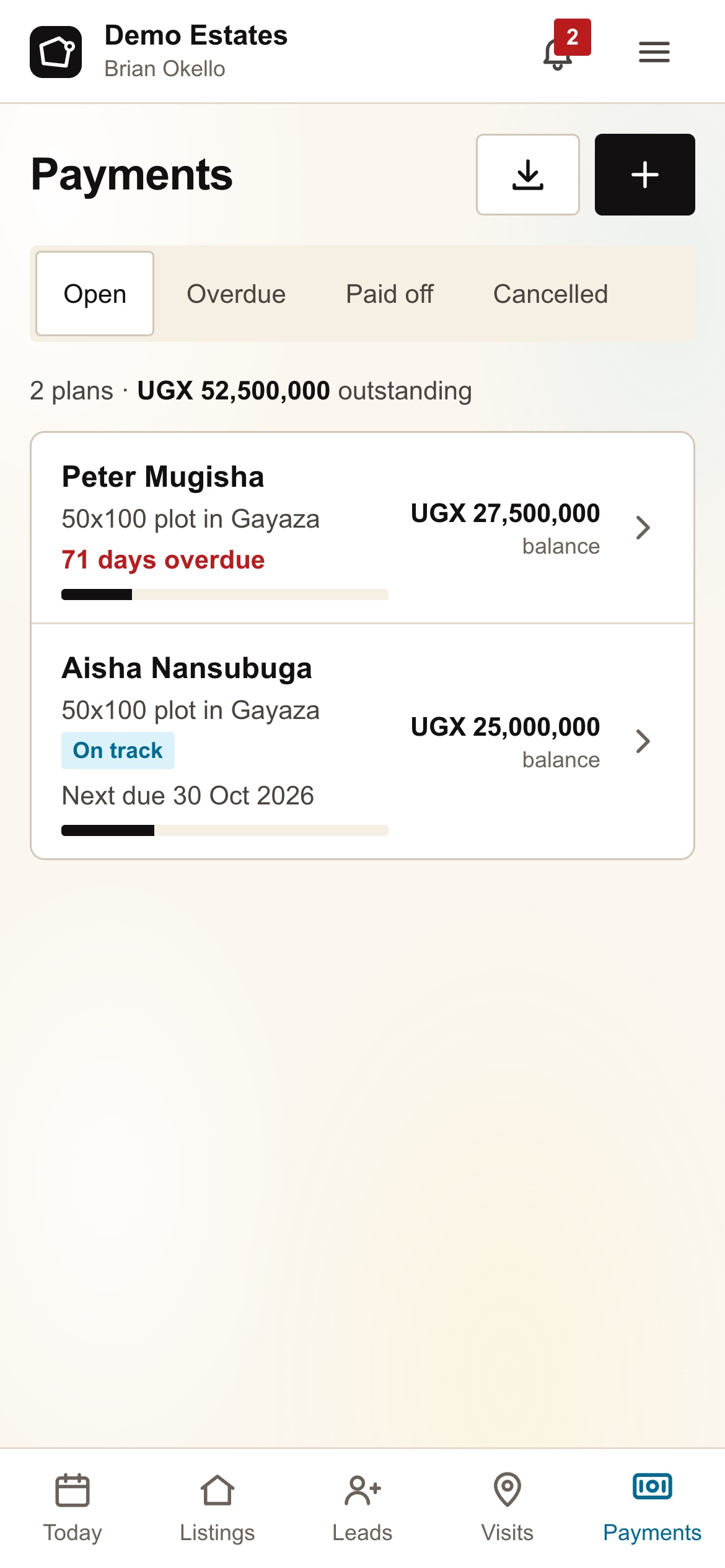 Payments: two plans, UGX 52,500,000 outstanding, one 71 days overdue
