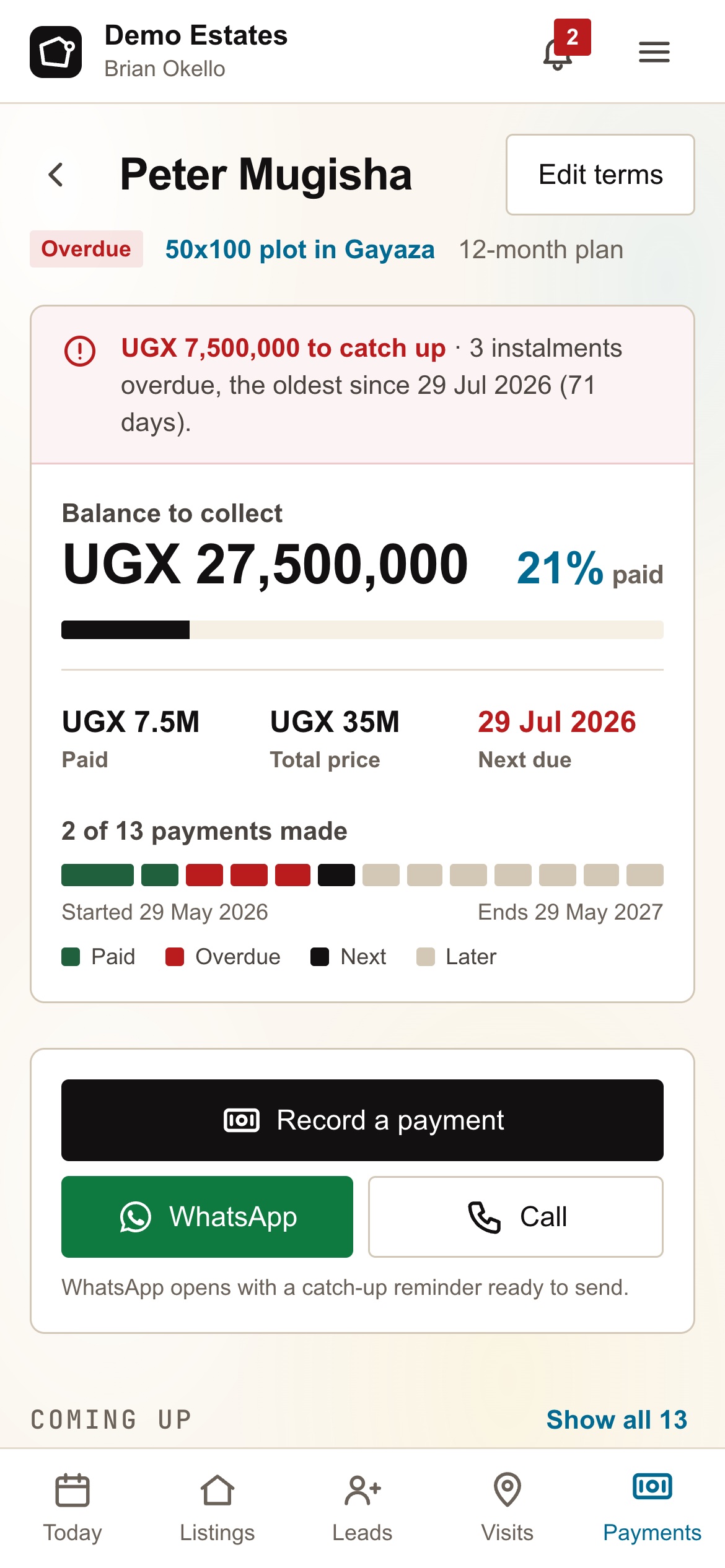 Peter Mugisha's plan: UGX 27,500,000 to collect, 21% paid, a payment history and a Record a payment button